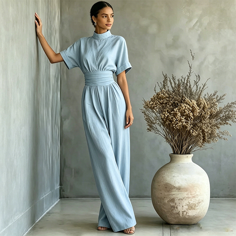Women's Short Sleeve Mock Neck Wide-Leg Jumpsuit