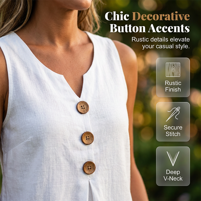 👚🌿 Lightweight, sleeveless V-neck top with pleats and buttons