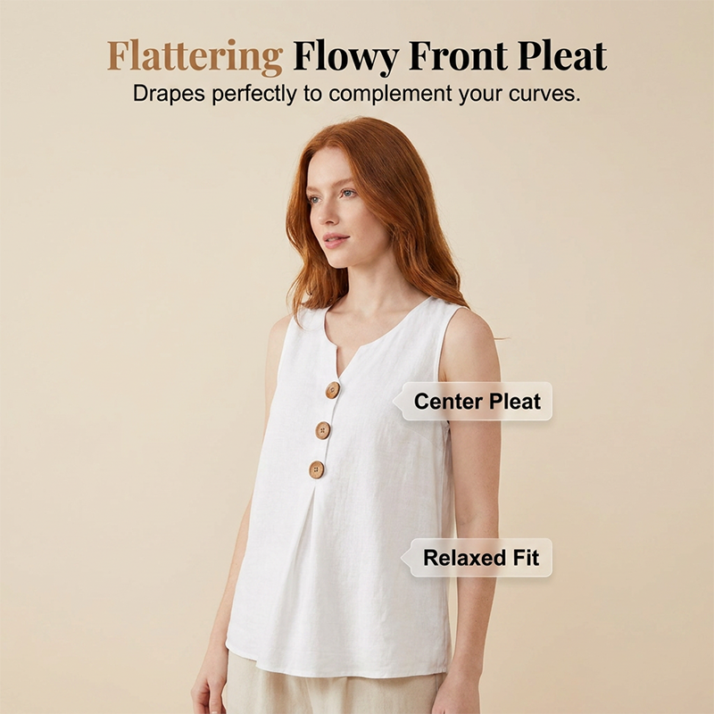 👚🌿 Lightweight, sleeveless V-neck top with pleats and buttons
