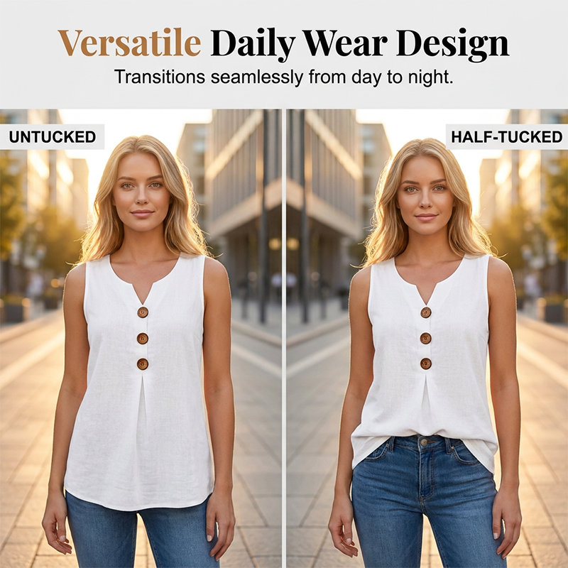 👚🌿 Lightweight, sleeveless V-neck top with pleats and buttons
