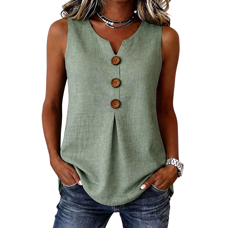 👚🌿 Lightweight, sleeveless V-neck top with pleats and buttons
