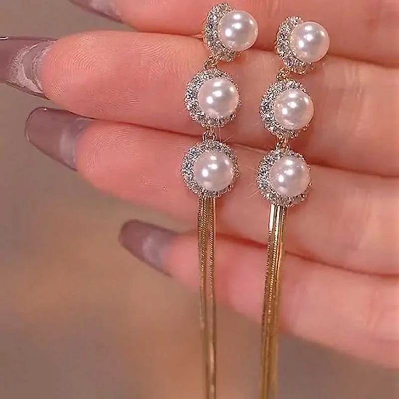 Elegant Tassel Faux Pearl Long Drop Earrings