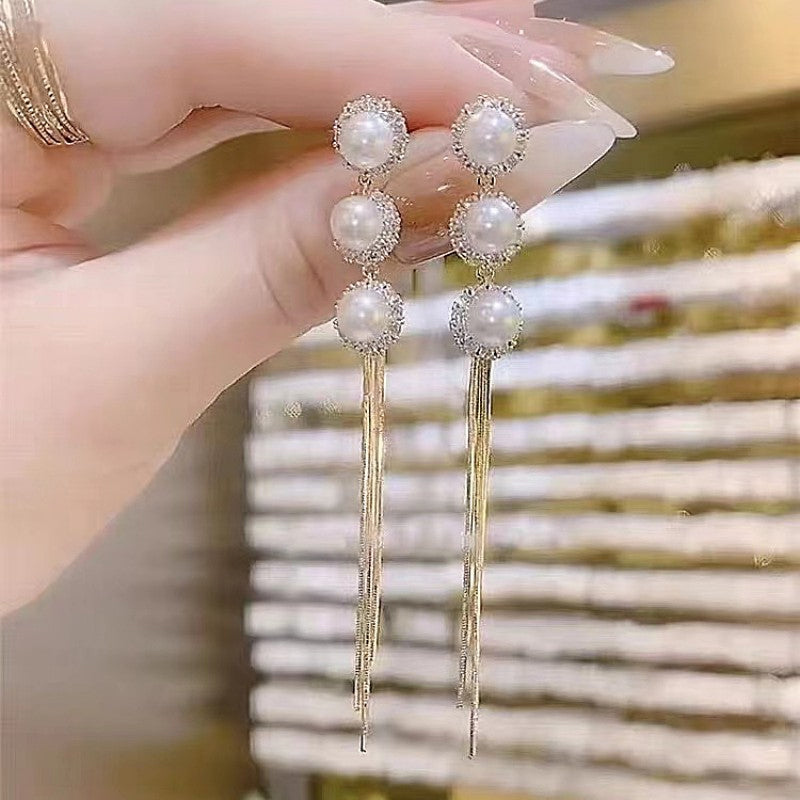 Elegant Tassel Faux Pearl Long Drop Earrings