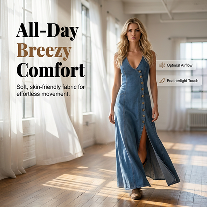 ⌛Limited-Time Offer-Sleeveless V-Neck Button-Front Denim Maxi Dress