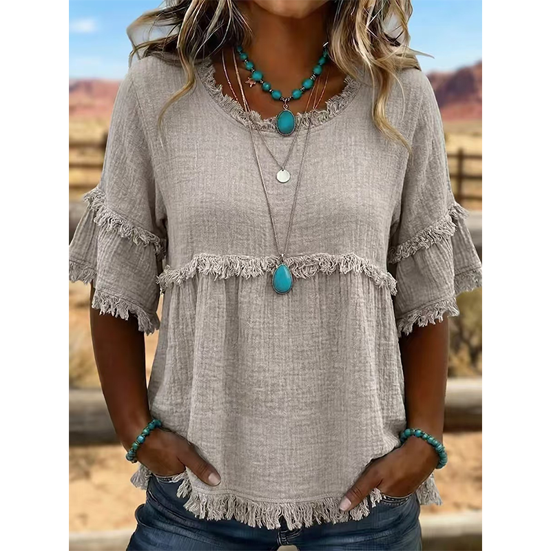 🔥New Arrivals & Special Offers-Women's Casual Fringe-Trim Ruffle Sleeve Top