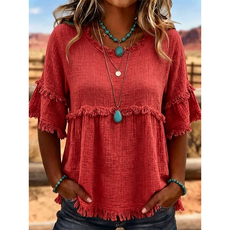 🔥New Arrivals & Special Offers-Women's Casual Fringe-Trim Ruffle Sleeve Top