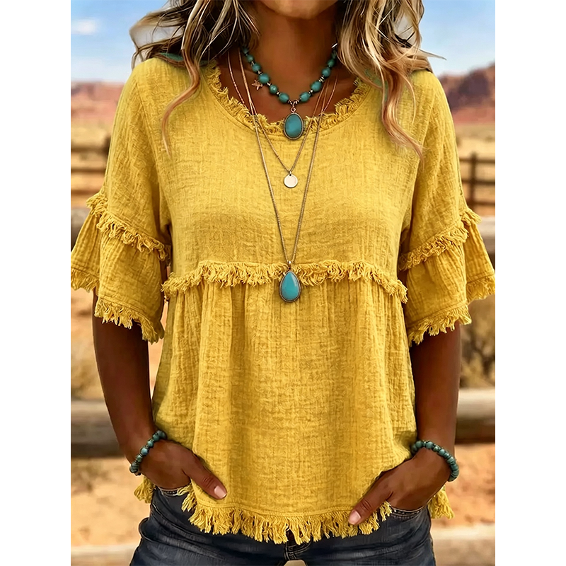 🔥New Arrivals & Special Offers-Women's Casual Fringe-Trim Ruffle Sleeve Top