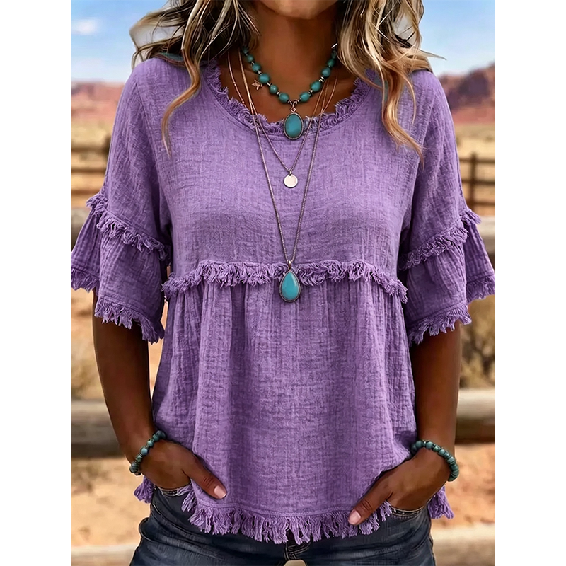 🔥New Arrivals & Special Offers-Women's Casual Fringe-Trim Ruffle Sleeve Top