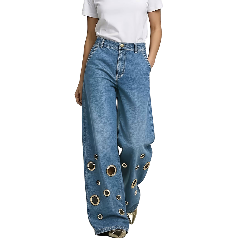 Women's Metal Eyelet Cutout Wide-Leg Jeans