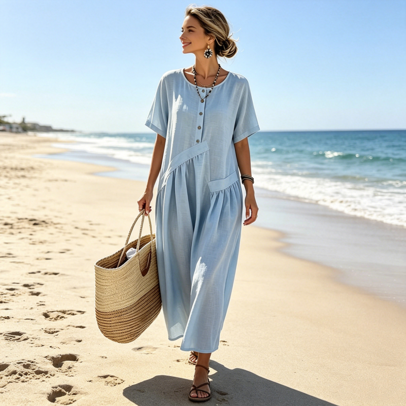 ⌛Limited-Time Offer-Women's Button-Front Short Sleeve Maxi Dress