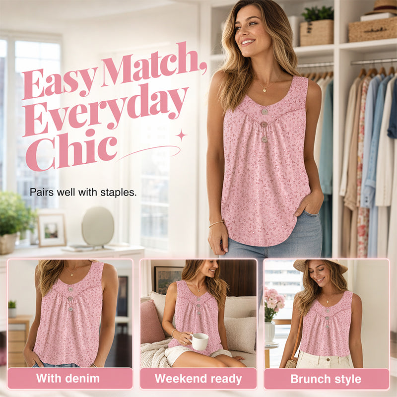🌸New Arrivals & Special Offers-Women's Printed Sleeveless Top with Button Detail