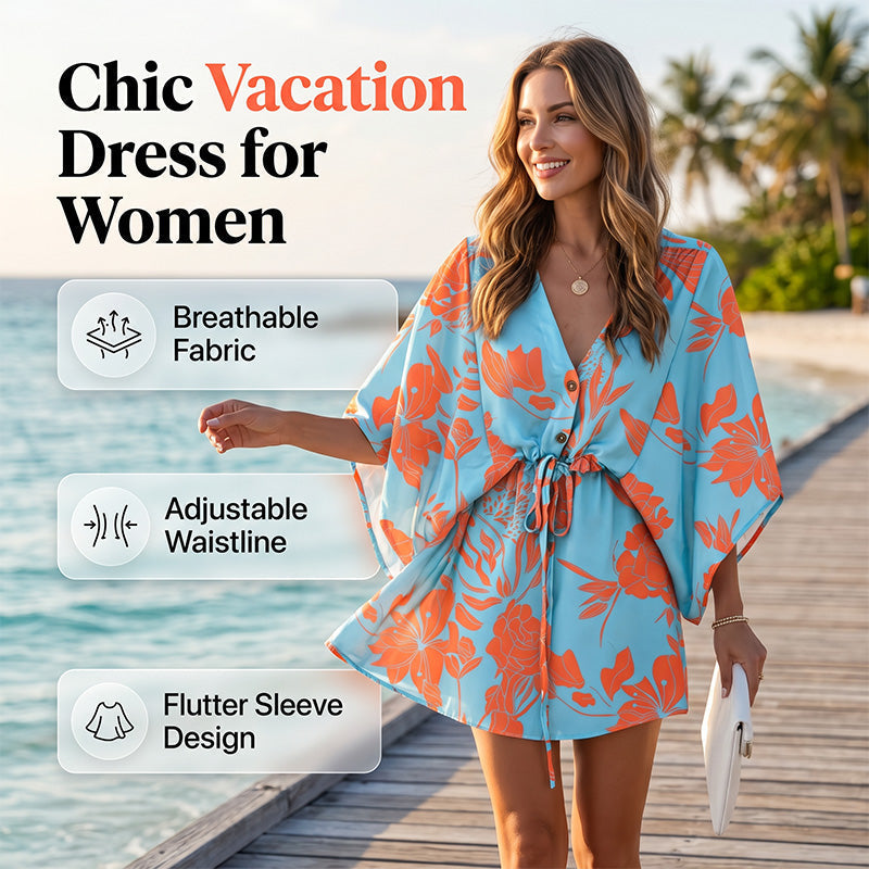 ⌛Limited-Time Offer-Women Summer V-Neck Flutter Sleeve Vacation Dress with Drawstring