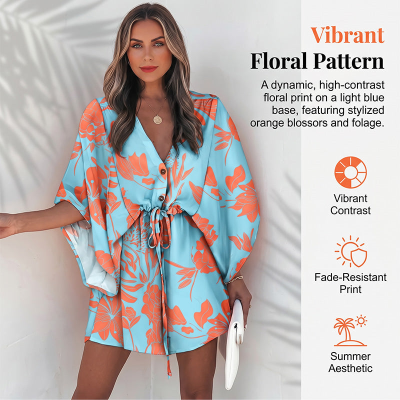 ⌛Limited-Time Offer-Women Summer V-Neck Flutter Sleeve Vacation Dress with Drawstring