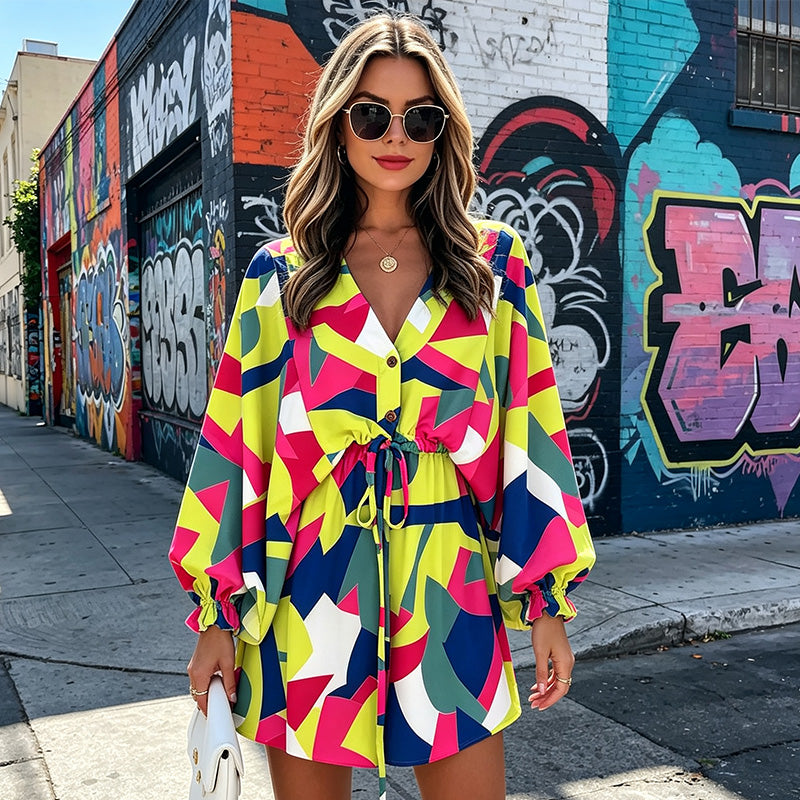 ⌛Limited-Time Offer-Women Summer V-Neck Flutter Sleeve Vacation Dress with Drawstring