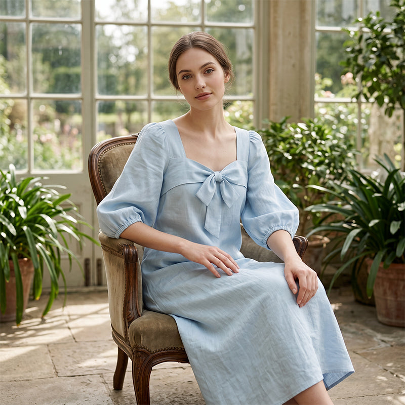 Casual Solid Color Midi Dress with Elegant Bowknot and Square Neck