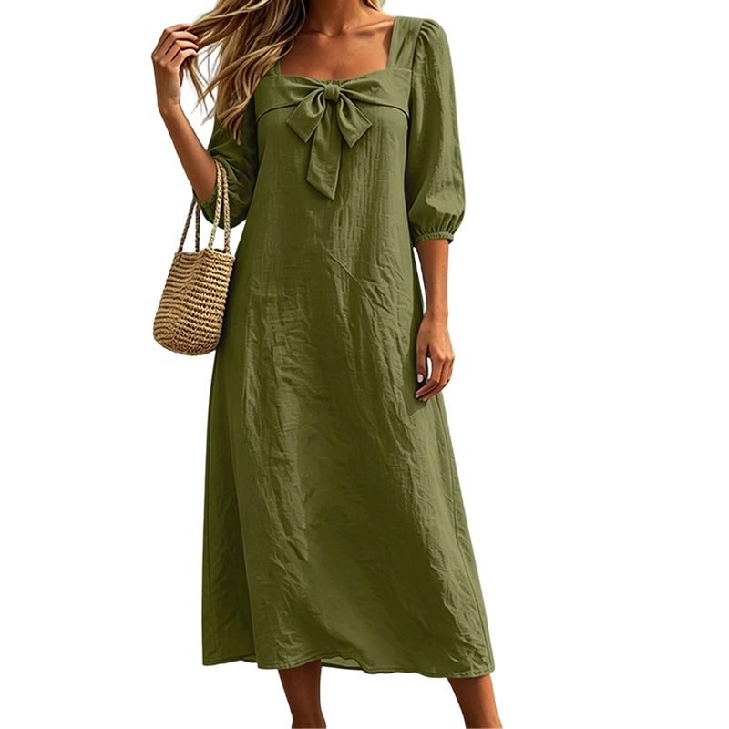 Casual Solid Color Midi Dress with Elegant Bowknot and Square Neck