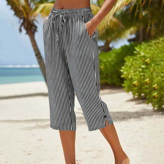 ⌛Limited-Time Offer-Women's Striped Cotton Linen Capri Pants with Pockets