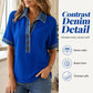 Women Denim Collar V-Neck Short Sleeve Shirt