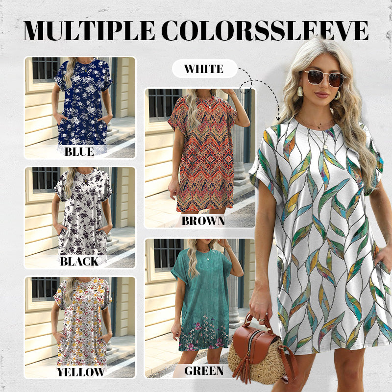 💃 Last Day Sale 50% Off 💐Loose Fit Short Sleeve Dress with Versatile Print Designs