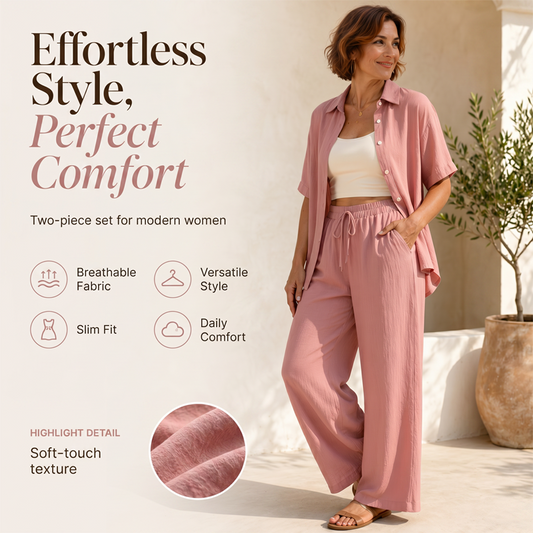 ⌛50% Off on the Last Day-Women's Short Sleeve Shirt & Wide-Leg Pants Set