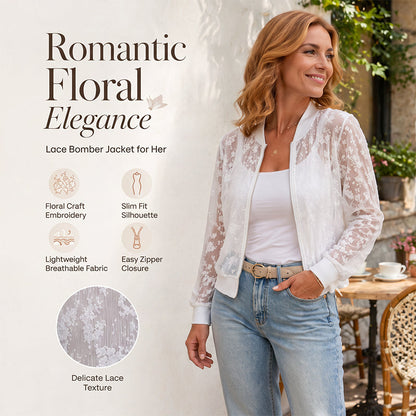 Women's Sheer Floral Lace Zip-Up Baseball Jacket