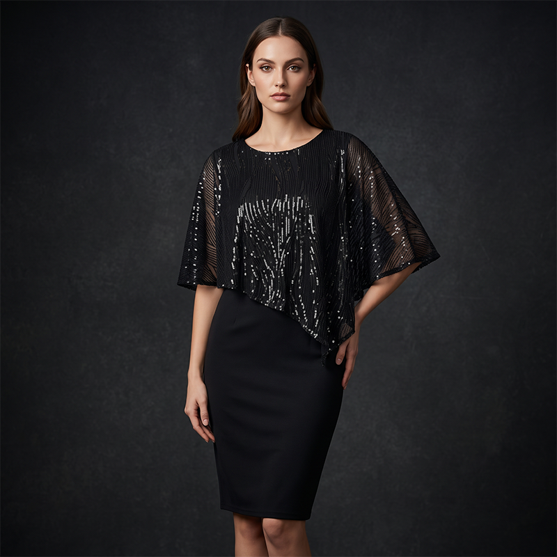 🌙🌸 LIMITED TIME 50% OFF! 🦋Asymmetrical Cape Sequin Dress – Unique cape detail & sleek silhouette – Effortless evening elegance.