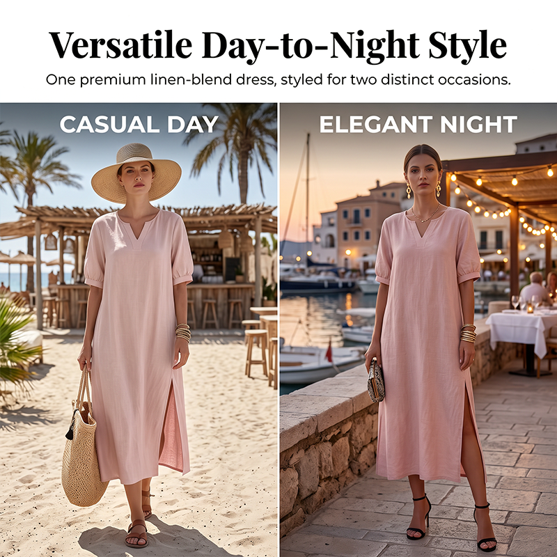 Women's Loose Fit V-Neck Dress with Side Slit