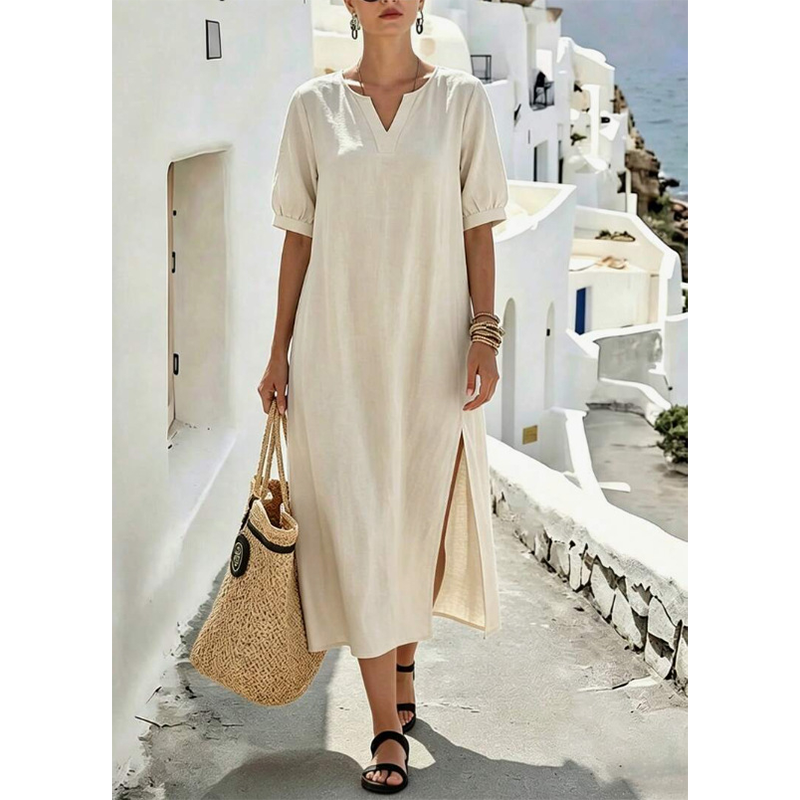 Women's Loose Fit V-Neck Dress with Side Slit