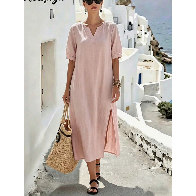 Women's Loose Fit V-Neck Dress with Side Slit