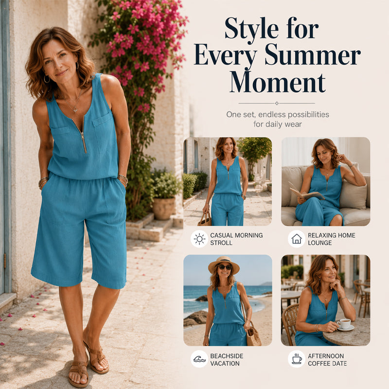 Women's Half-Zip Sleeveless Tank Top & Shorts Set