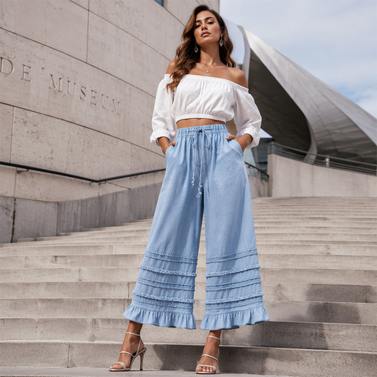 Women's Ruffle Hem Tencel Denim Wide Leg Pants