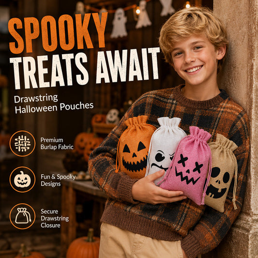⌛Limited-Time Offer-Halloween Drawstring Burlap Bags Spooky Face Treat Pouch