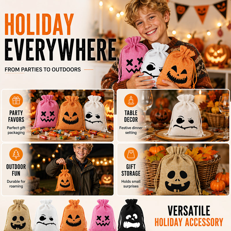 ⌛Limited-Time Offer-Halloween Drawstring Burlap Bags Spooky Face Treat Pouch