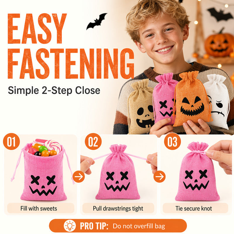 ⌛Limited-Time Offer-Halloween Drawstring Burlap Bags Spooky Face Treat Pouch