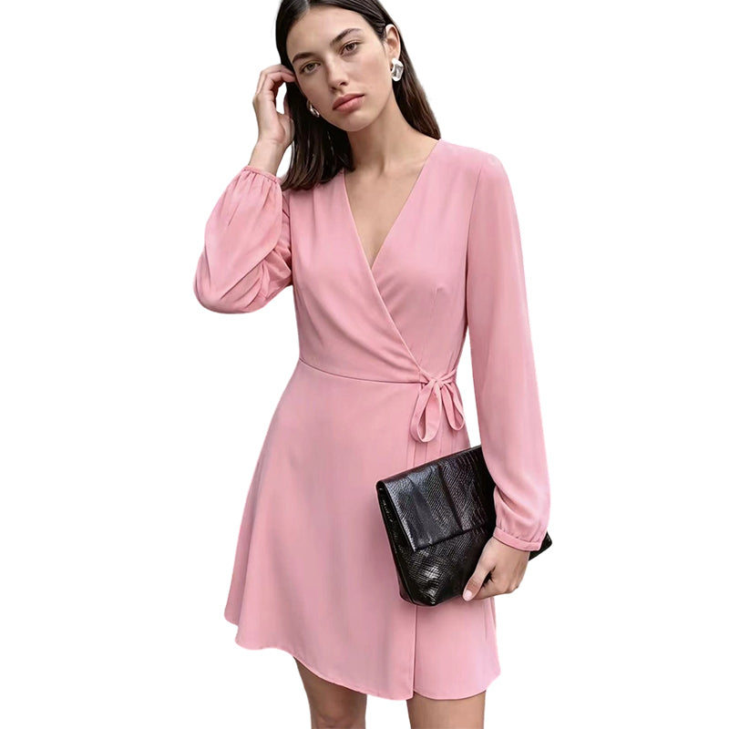 Women Elegant Solid Color Wrap Dress