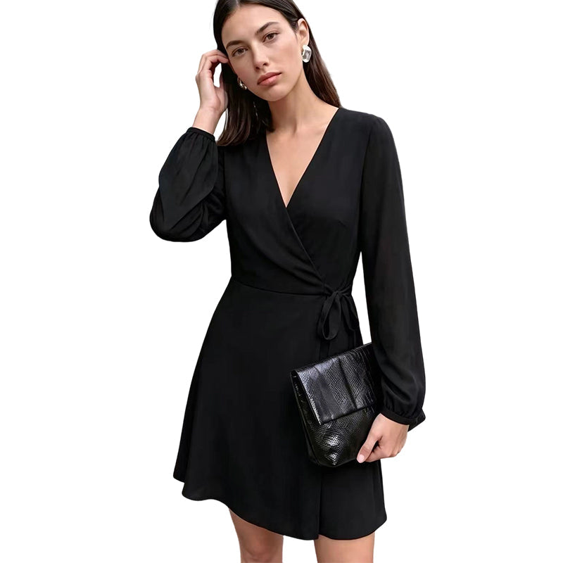 Women Elegant Solid Color Wrap Dress