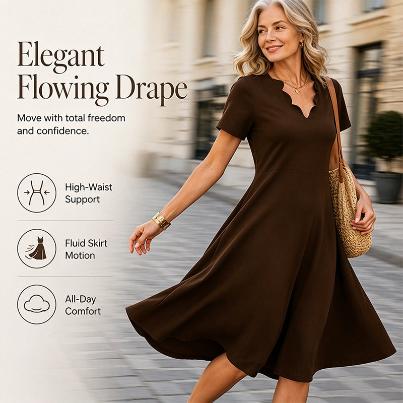Women's Scalloped V-Neck High Waist Solid Color Dress