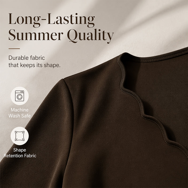 Women's Scalloped V-Neck High Waist Solid Color Dress