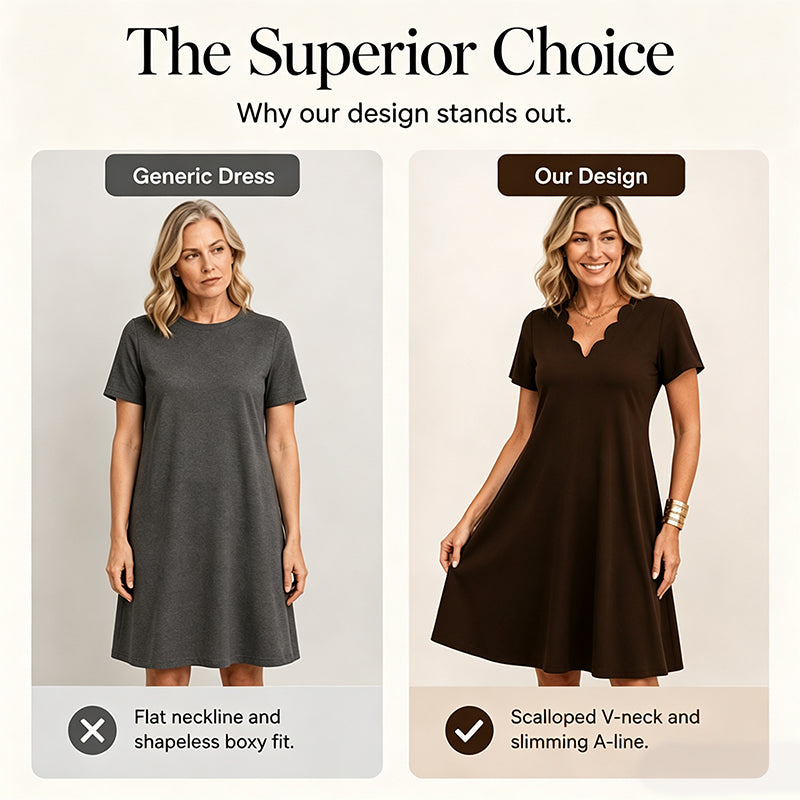 Women's Scalloped V-Neck High Waist Solid Color Dress
