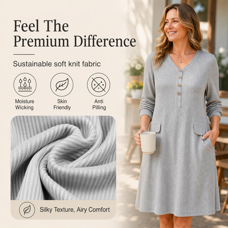 A Lovely V-Neck Ribbed Knit Dress with a Flattering A-Line Shape and Just the Right Touch of Elegance