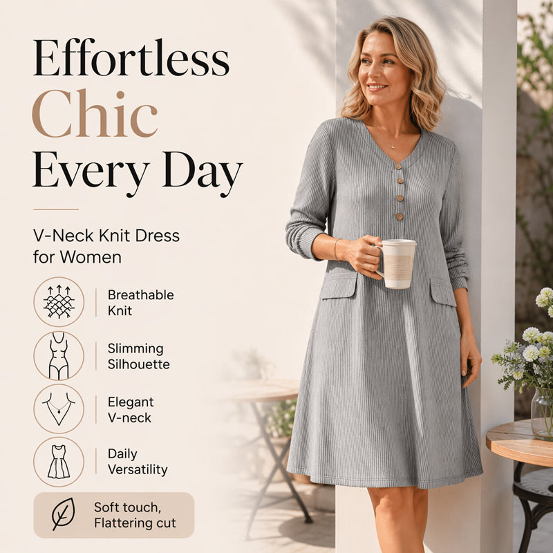 A Lovely V-Neck Ribbed Knit Dress with a Flattering A-Line Shape and Just the Right Touch of Elegance
