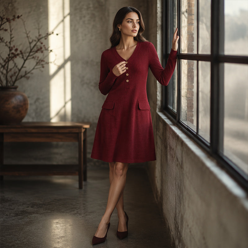 A Lovely V-Neck Ribbed Knit Dress with a Flattering A-Line Shape and Just the Right Touch of Elegance