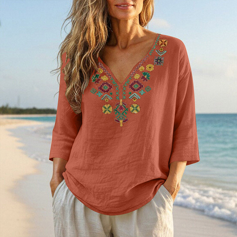 Women's Vintage Floral Embroidery V-Neck Top