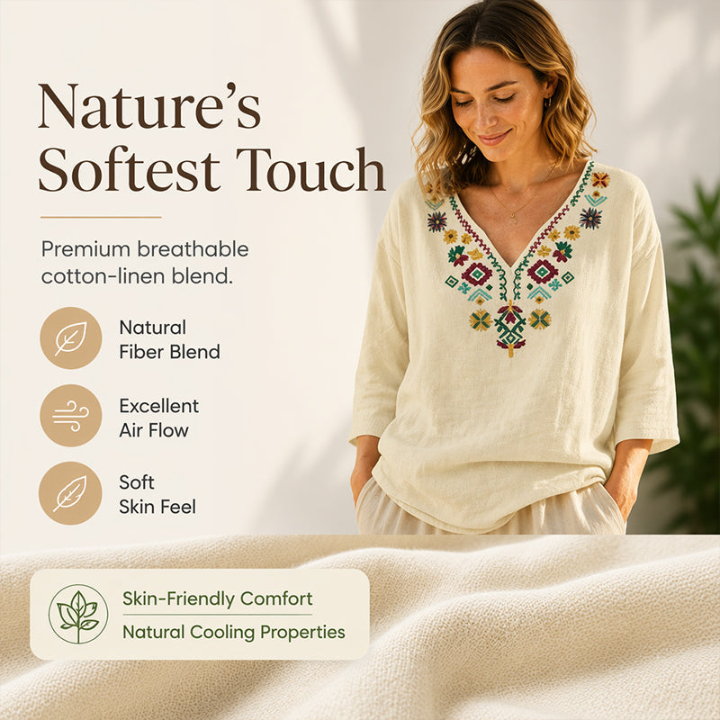 Women's Vintage Floral Embroidery V-Neck Top