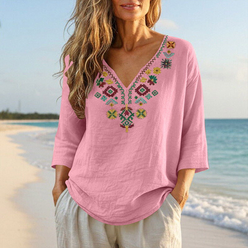 Women's Vintage Floral Embroidery V-Neck Top