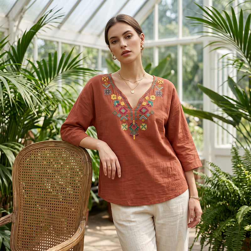 Women's Vintage Floral Embroidery V-Neck Top