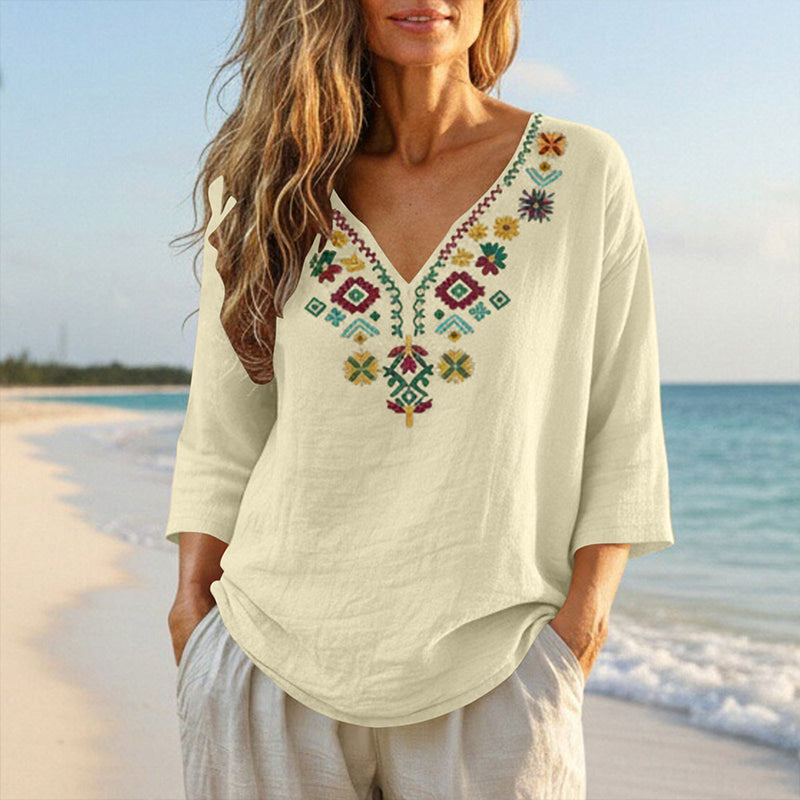 Women's Vintage Floral Embroidery V-Neck Top