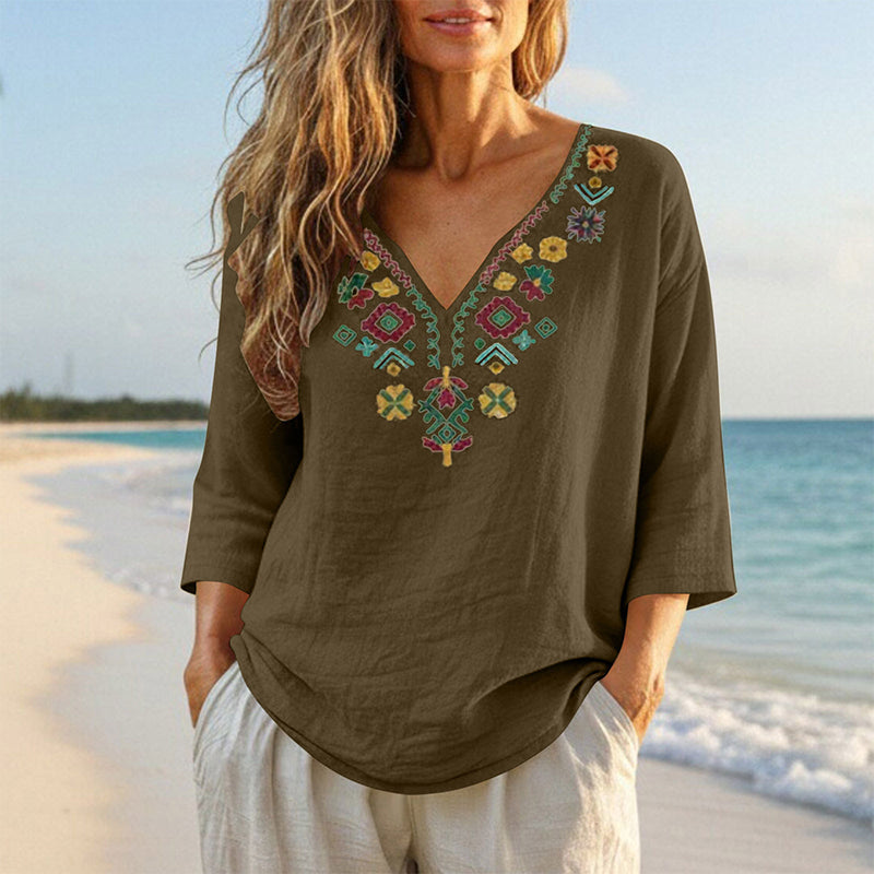 Women's Vintage Floral Embroidery V-Neck Top