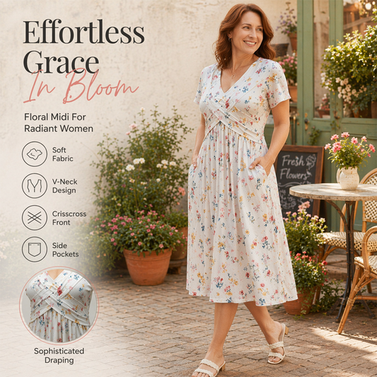 🌸 Floral V-neck dress with a twist at the waist—elegant and casual for any occasion