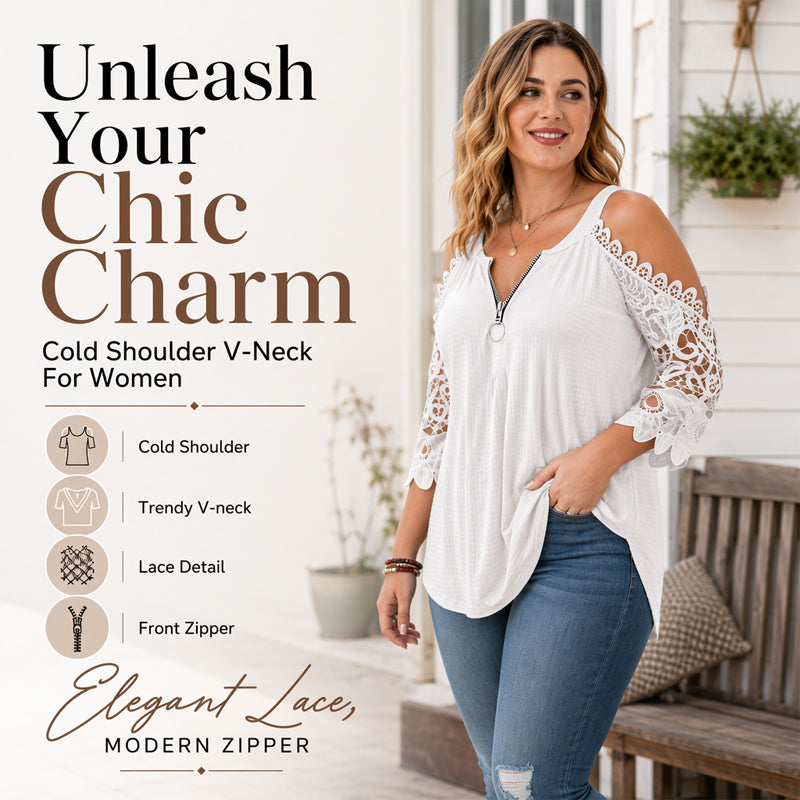 Must-Have🔥 Lace Cold Shoulder Top with Zipper – Edgy Detail & Breathable Fabric for Effortless Style ✨